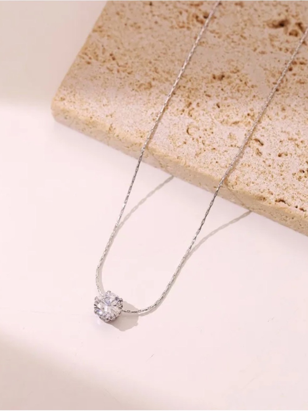 Silver Tone Zircon Solitaire Necklace | Stainless Steel Minimalist Pendant